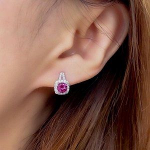 NEW 14K White Gold Plated Ruby Stud Earrings